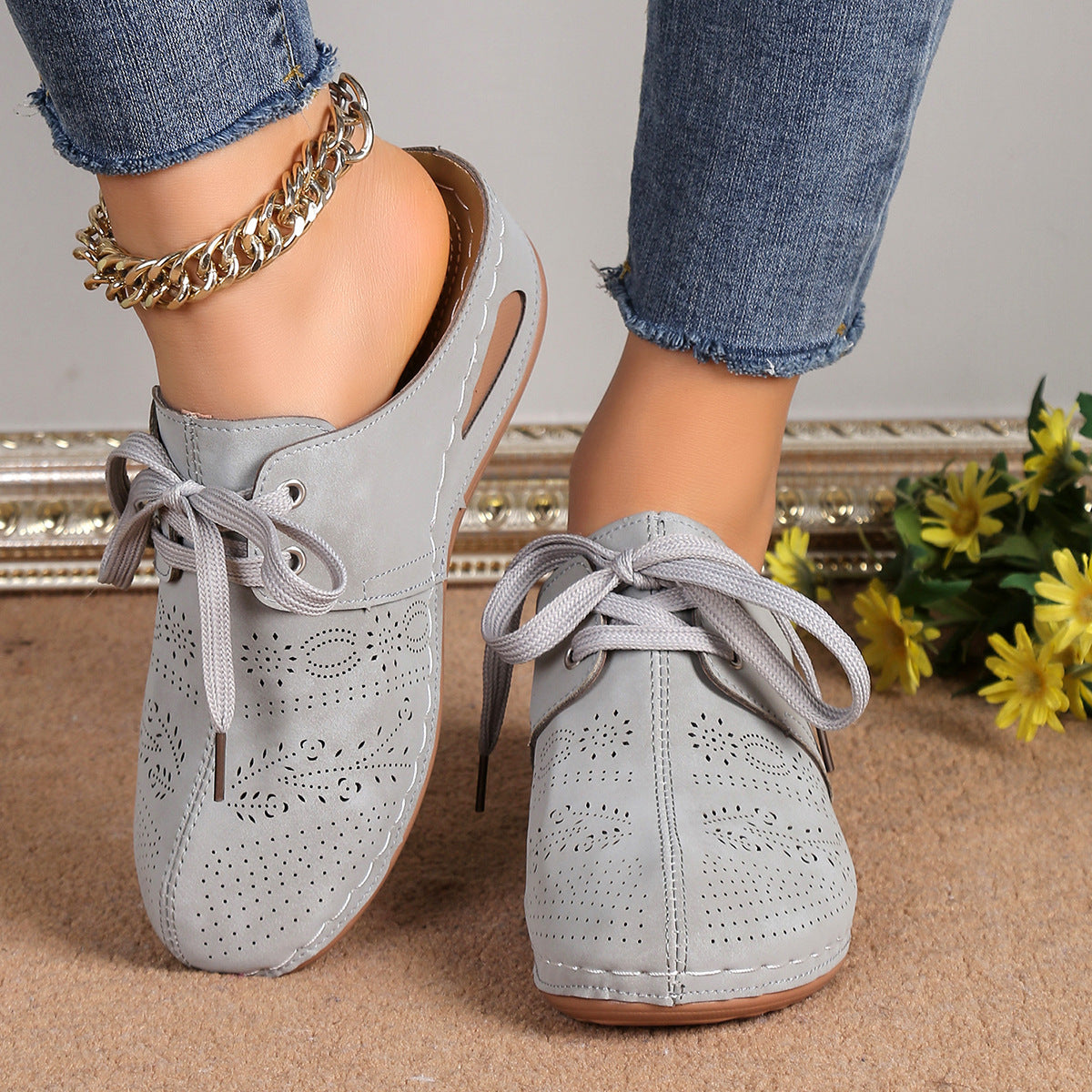 Lace-up Slippers Outdoor Hollow Out Wedges Slippers