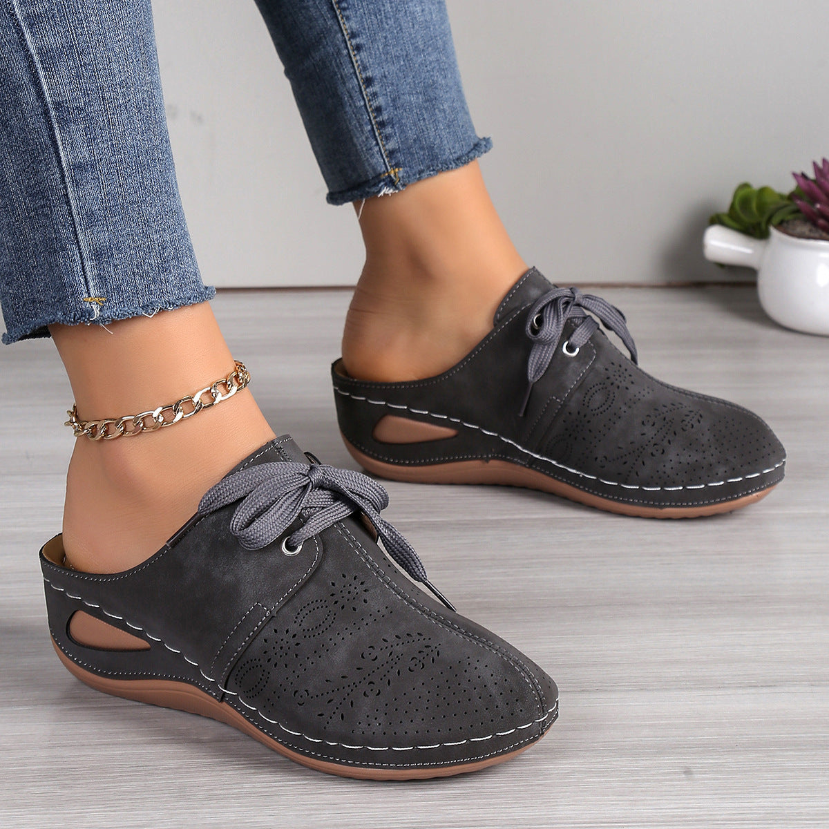 Lace-up Slippers Outdoor Hollow Out Wedges Slippers