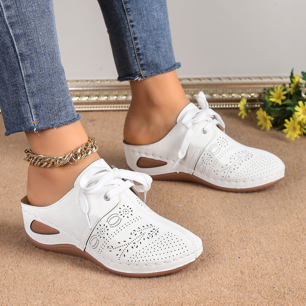 Lace-up Slippers Outdoor Hollow Out Wedges Slippers
