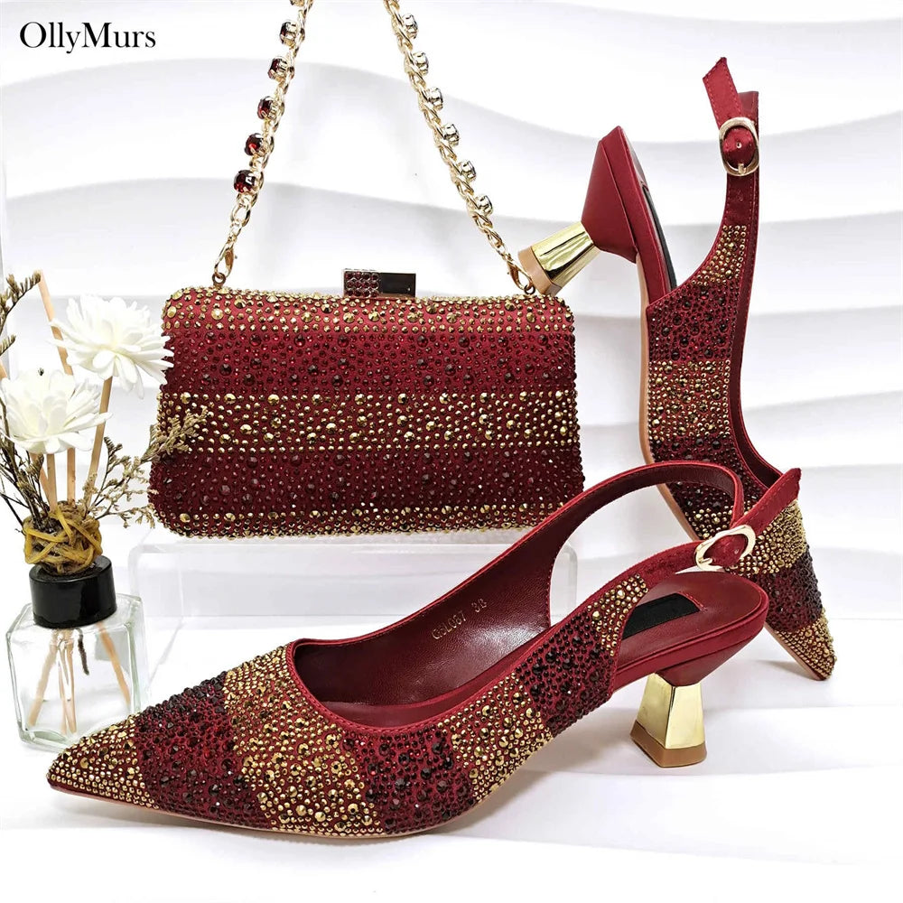African Design Crystal Sandal Shoes And Purse To Match Set
