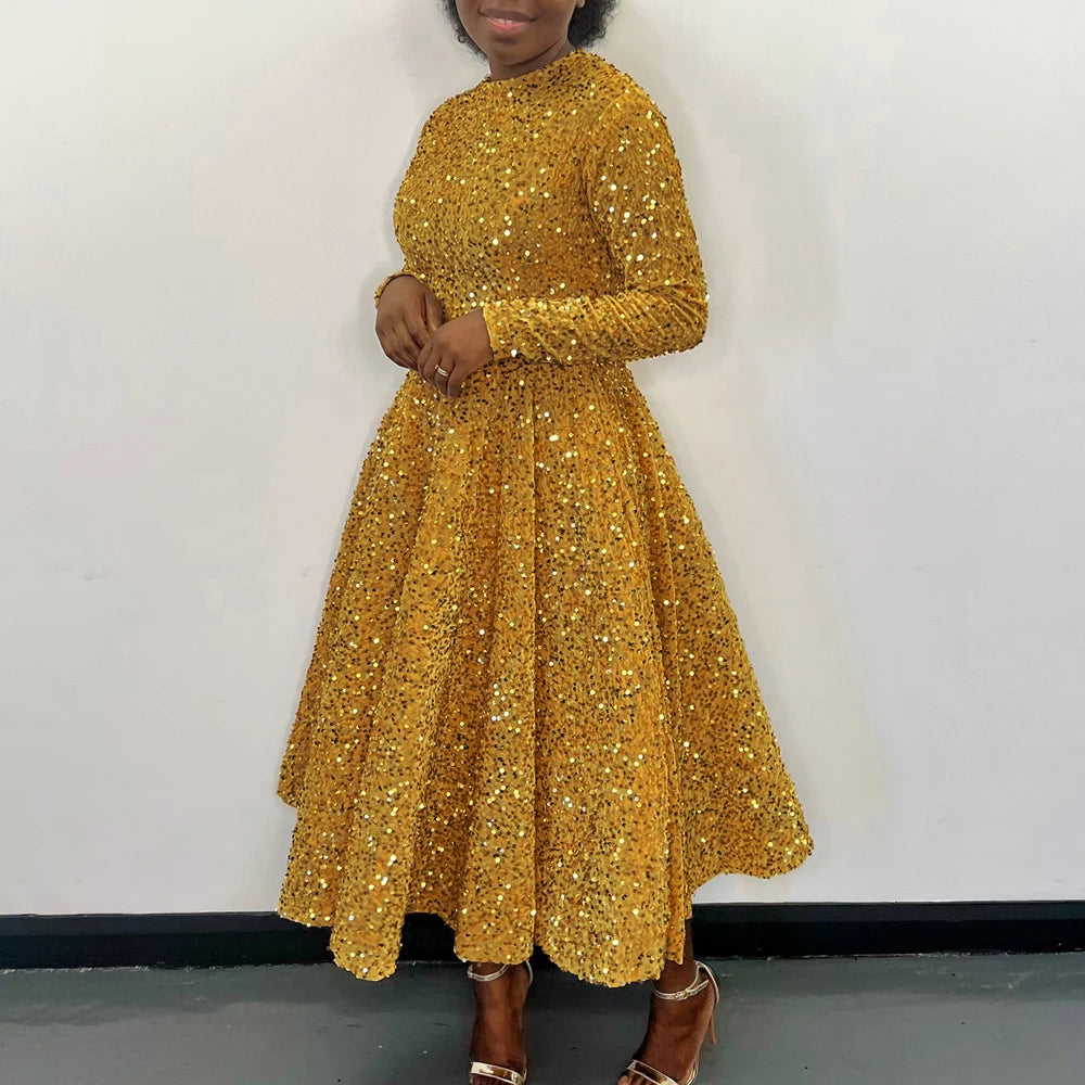 Vintage Fashion Sequin Women Church Swing Dresses