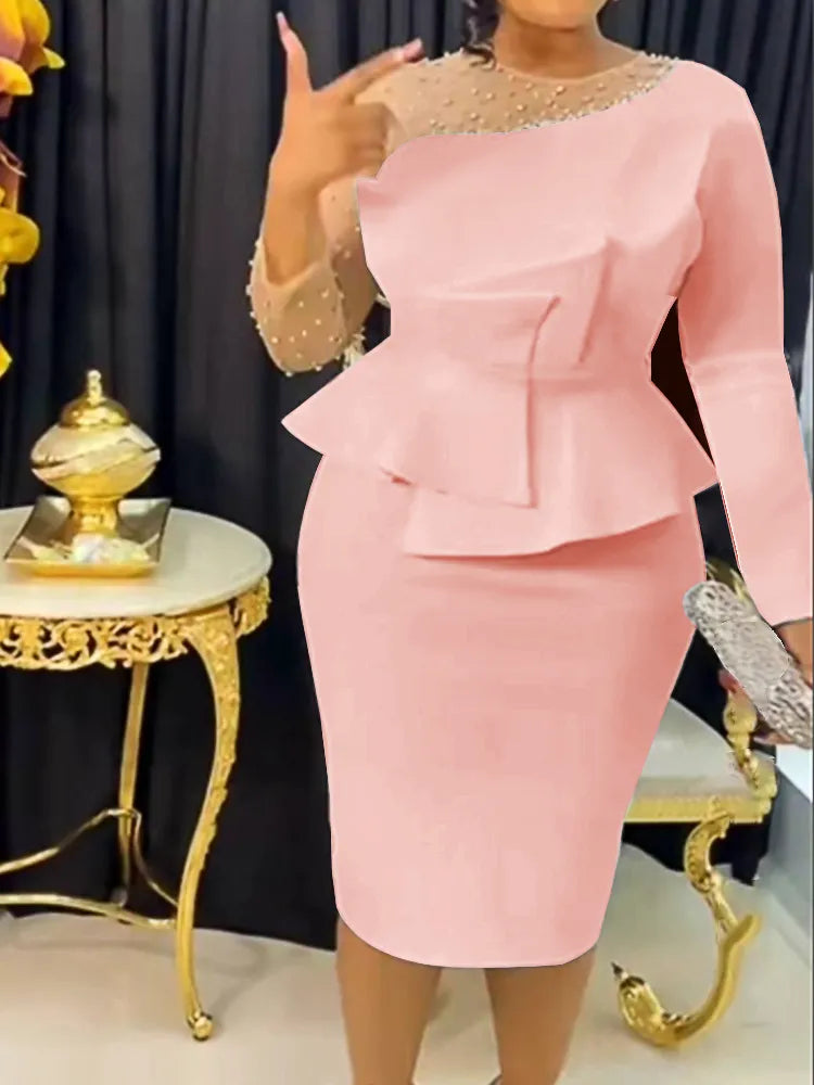 Pink Ruffle Elegant Dress Women Long Sleeve Beaded Mesh