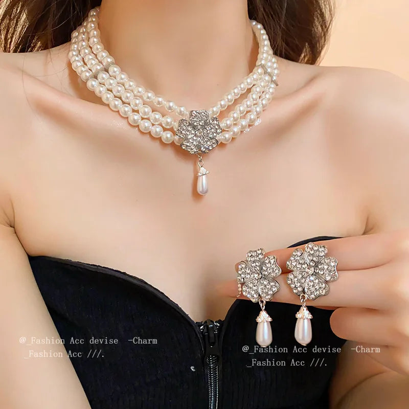 Rhinestone Flower Pearl Multi-layer Necklaces for Women
