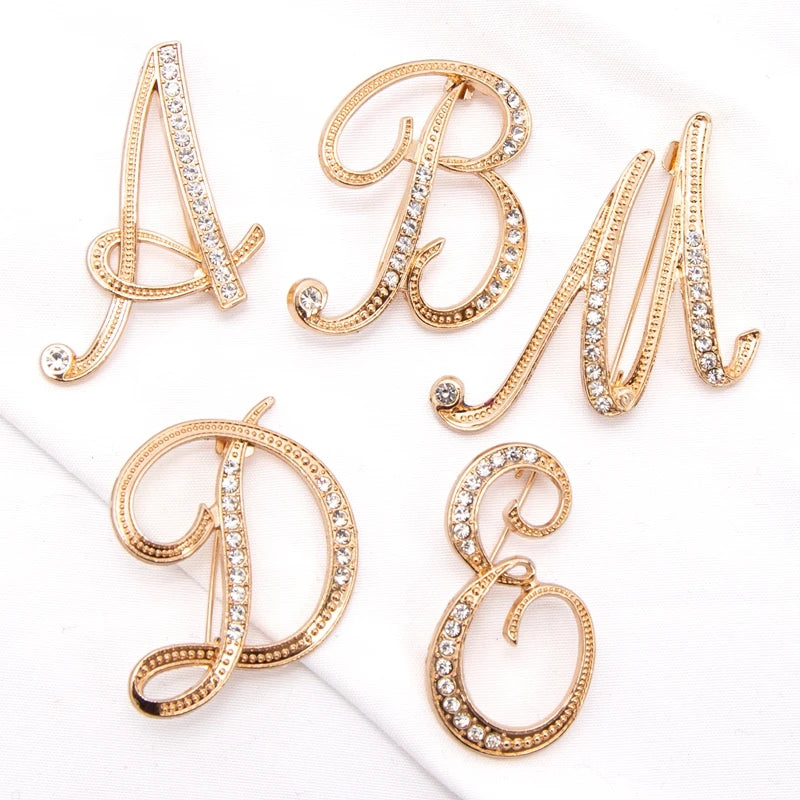 Women Luxury Letter Brooch Pins In Gold Color Rhinestones