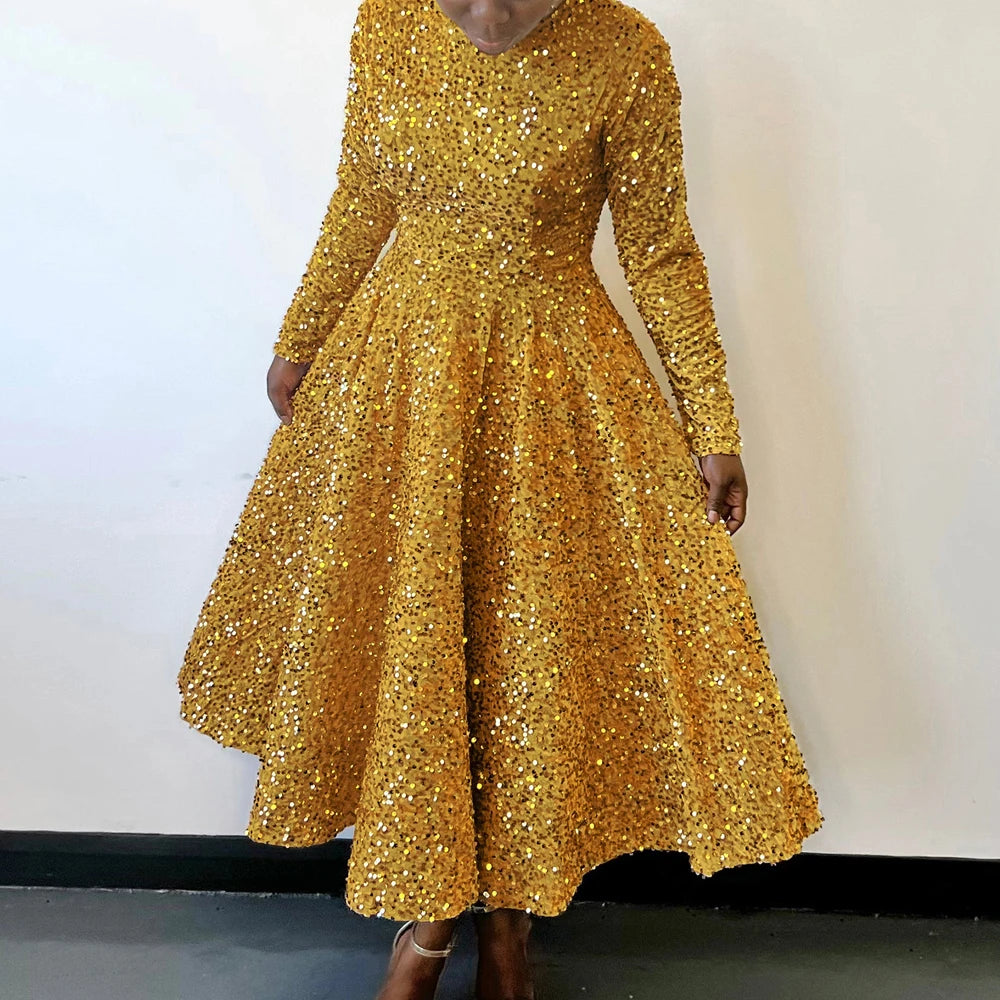 Vintage Fashion Sequin Women Church Swing Dresses