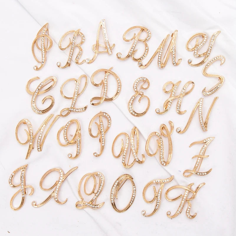Women Luxury Letter Brooch Pins In Gold Color Rhinestones