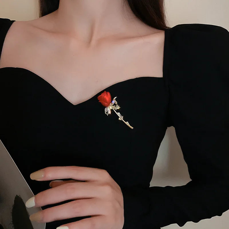 Rhinestone Red Rose Flower Brooches for Women Elegant