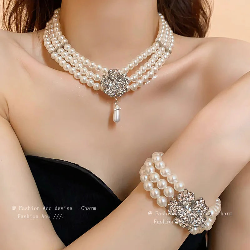 Rhinestone Flower Pearl Multi-layer Necklaces for Women