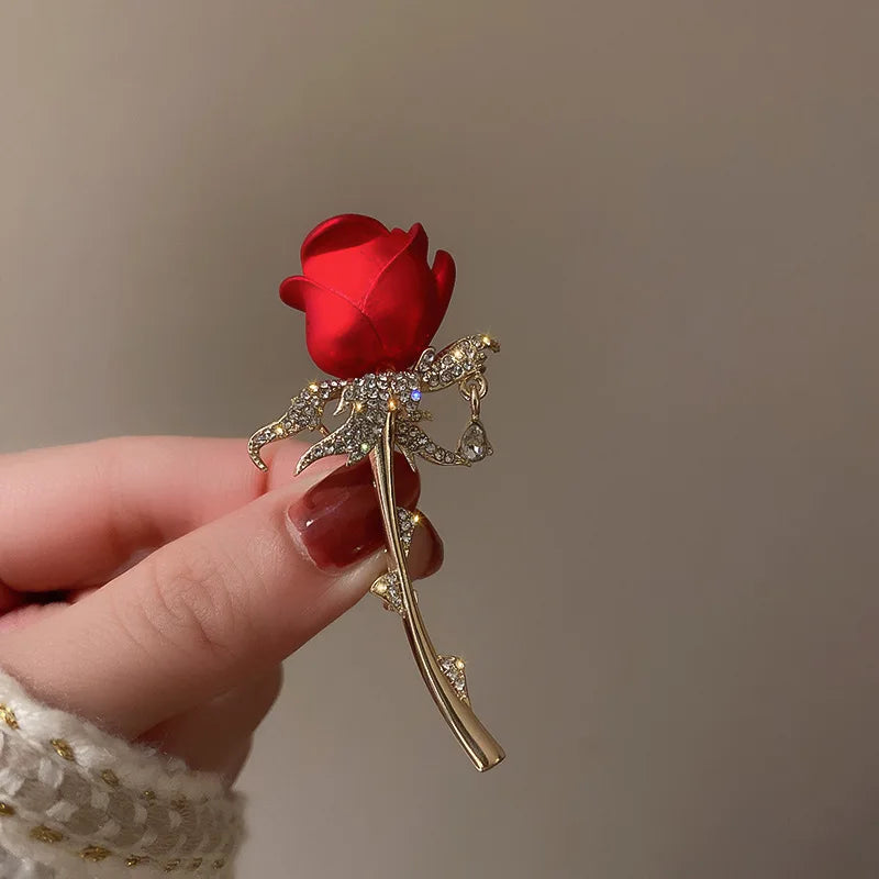 Rhinestone Red Rose Flower Brooches for Women Elegant
