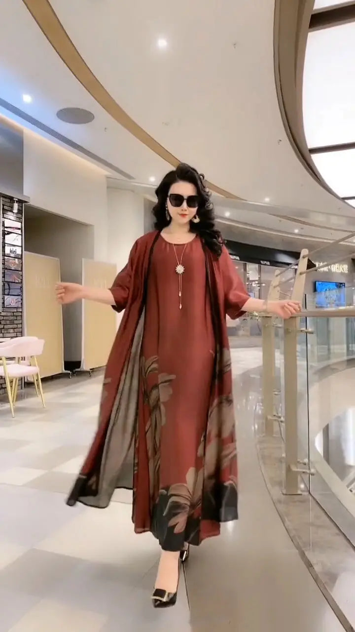 Silk Dress Two-Piece Women's Elegant Floral Plus Size Dress