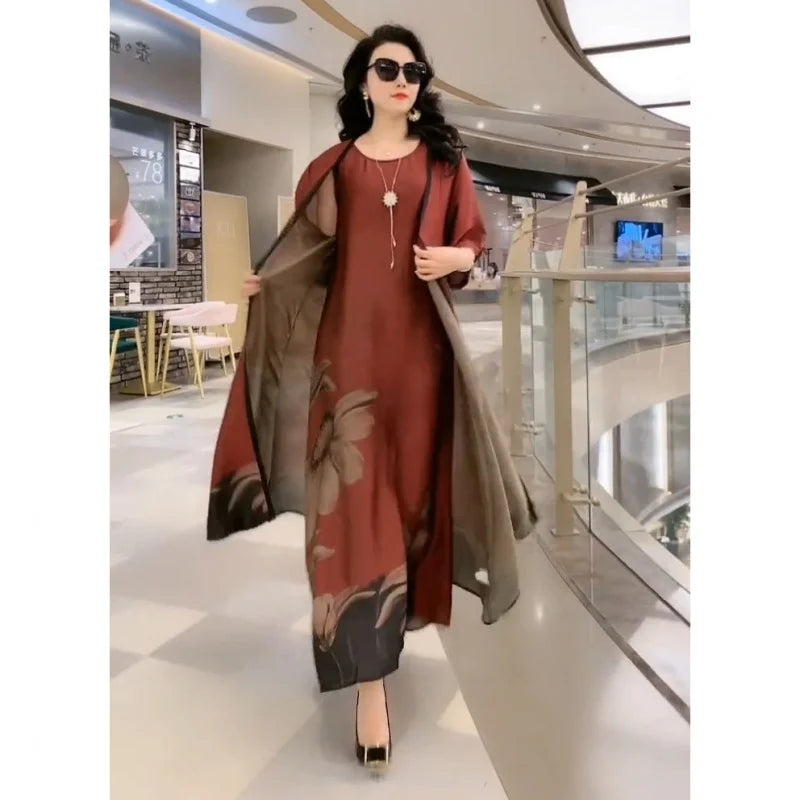 Silk Dress Two-Piece Women's Elegant Floral Plus Size Dress