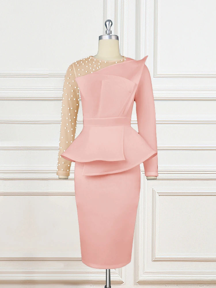 Pink Ruffle Elegant Dress Women Long Sleeve Beaded Mesh