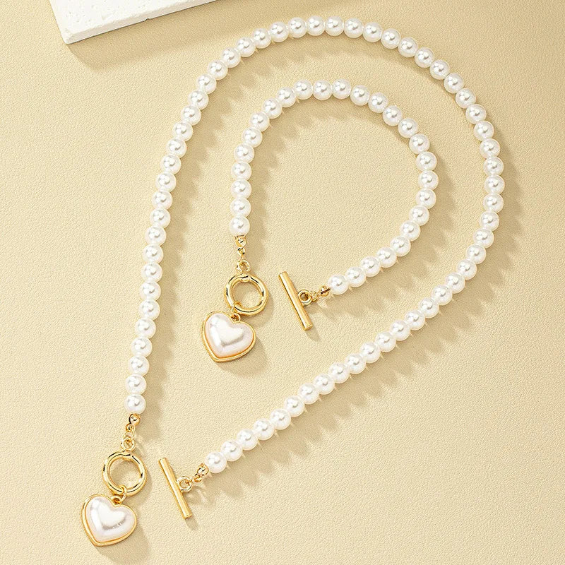 KMVEXO 2pcs Elegant Pearl Heart Pendant Necklaces Bracelet Set