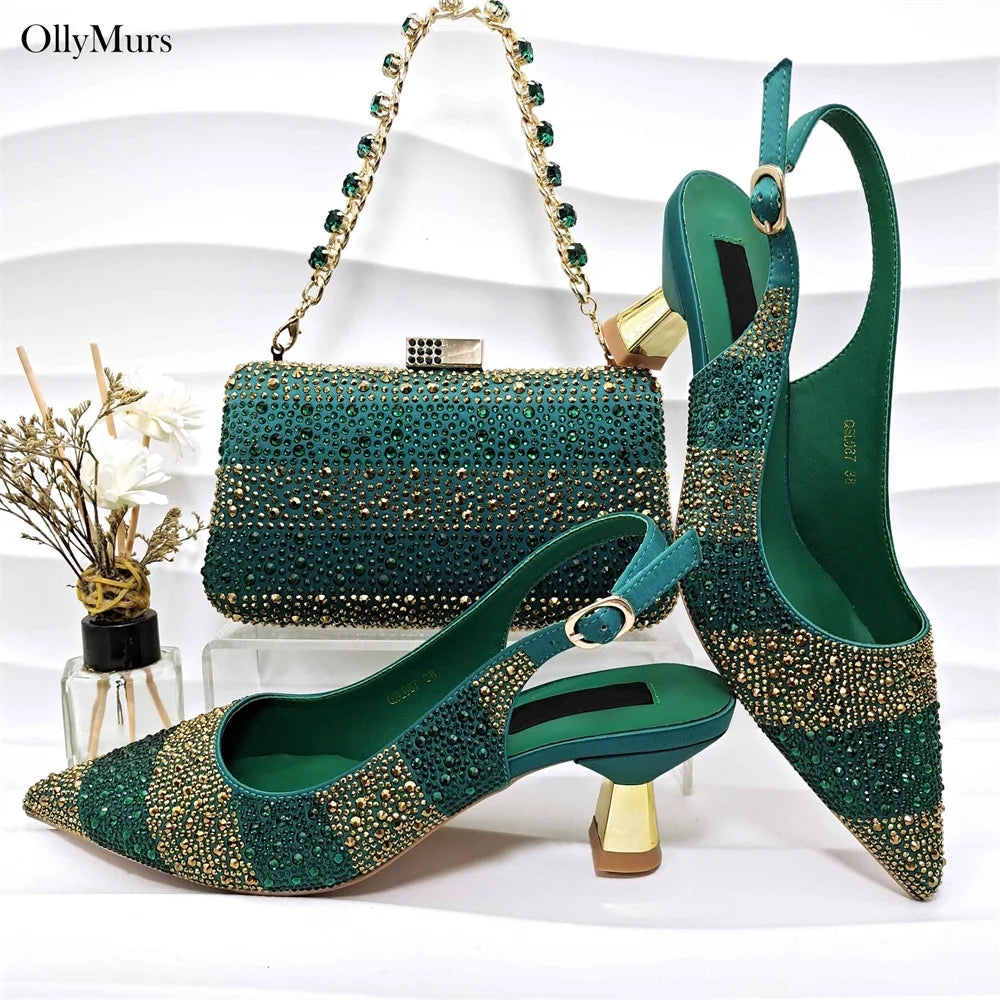 African Design Crystal Sandal Shoes And Purse To Match Set
