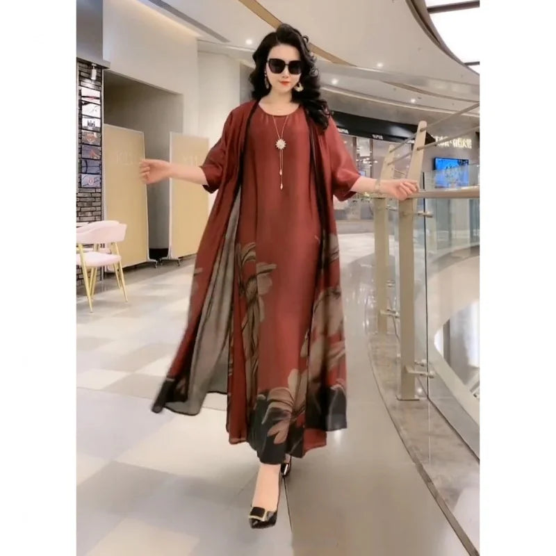Silk Dress Two-Piece Women's Elegant Floral Plus Size Dress