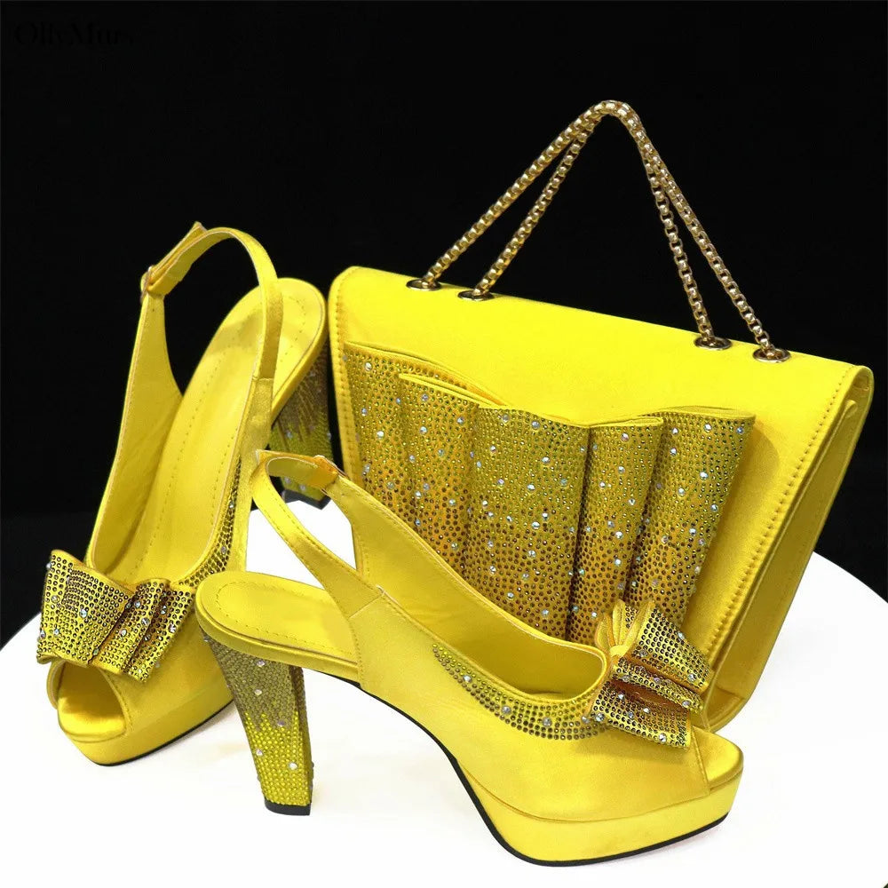 Hot Selling Fashion Yellow Color Women Shoes And Bags