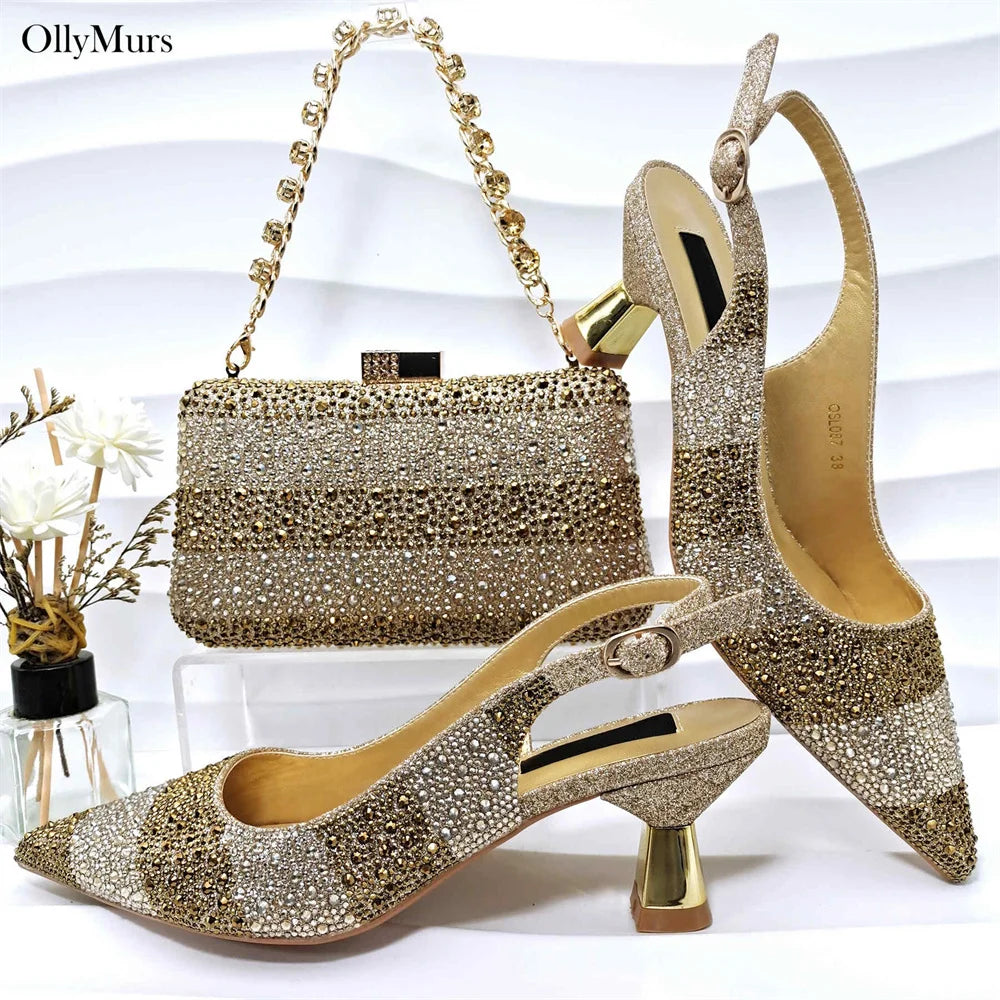 African Design Crystal Sandal Shoes And Purse To Match Set