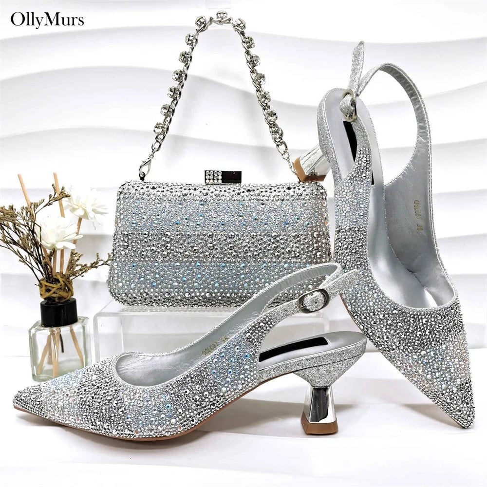 African Design Crystal Sandal Shoes And Purse To Match Set