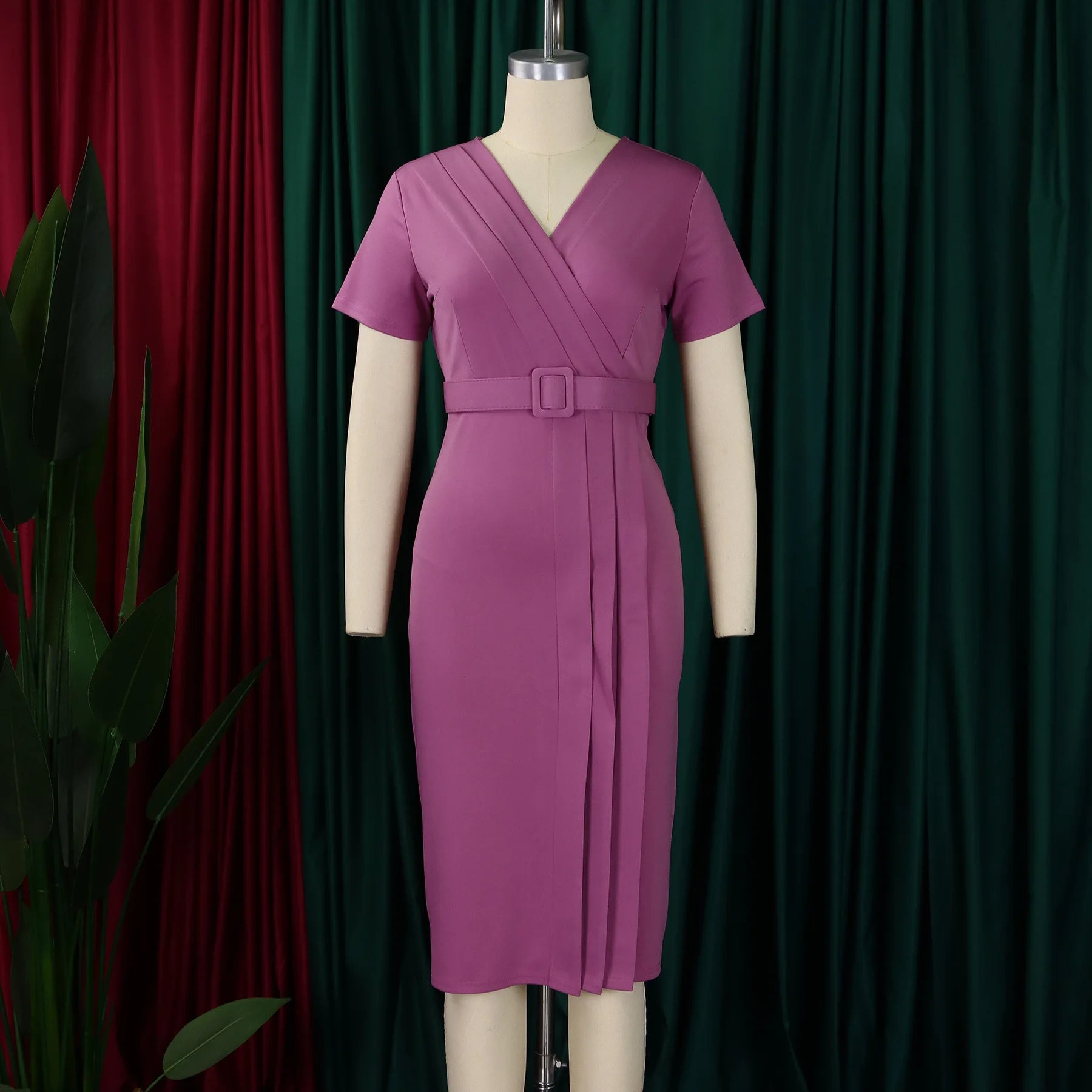Women Elegant Bodycon Dress Short Sleeves Wrap