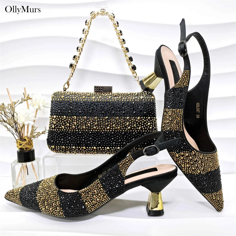 African Design Crystal Sandal Shoes And Purse To Match Set