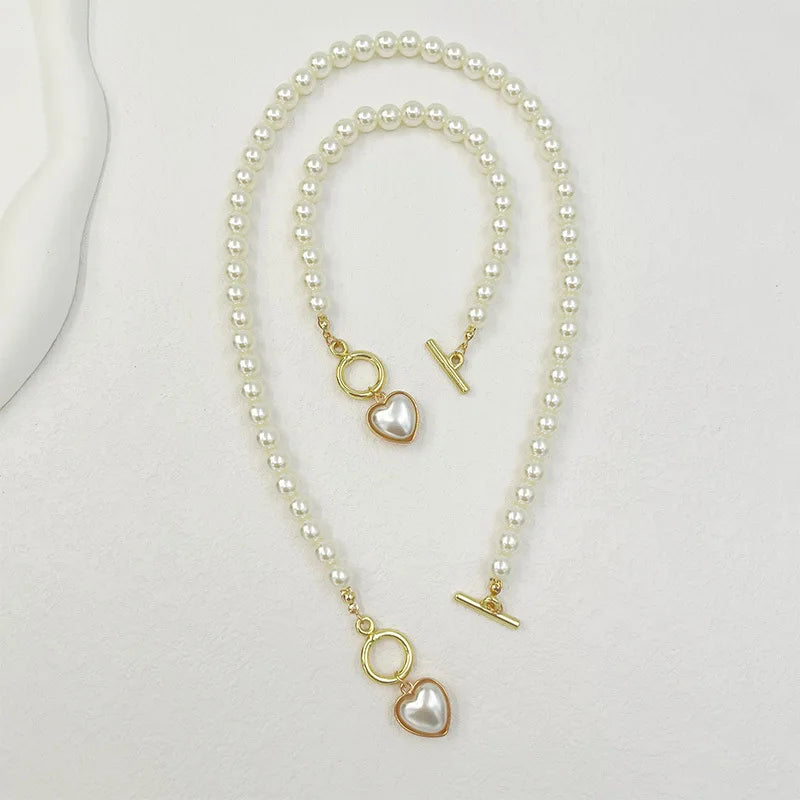 KMVEXO 2pcs Elegant Pearl Heart Pendant Necklaces Bracelet Set