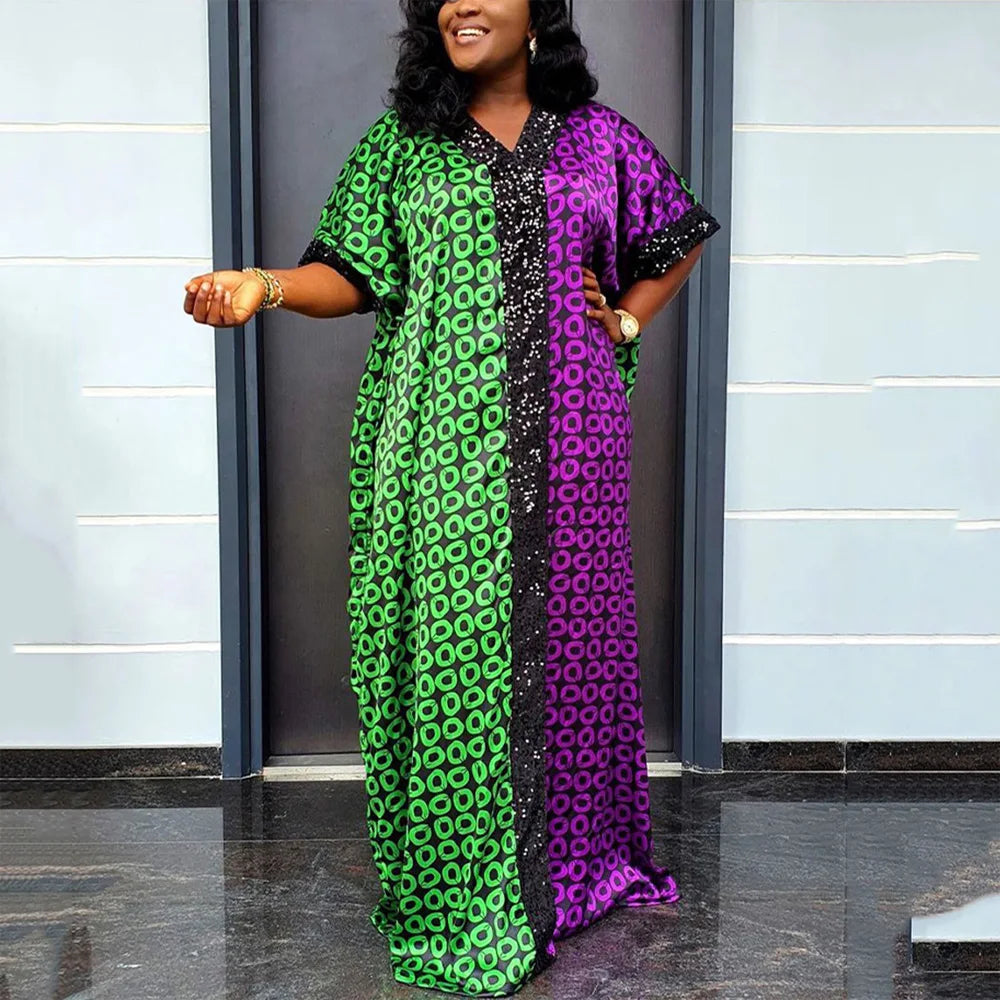 Elegant Long Dress for Women Luxury Printed V Neck