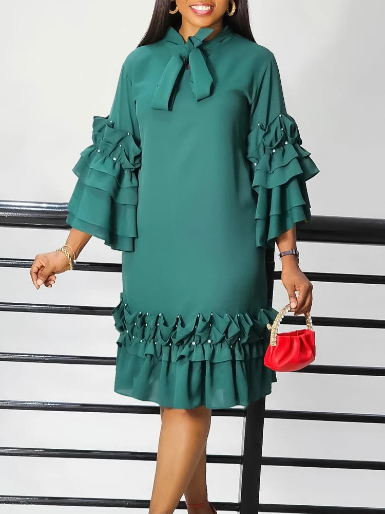 Women Shirt Dress Loose 4 3 Sleeves Pleated Ruffles Bow Collar