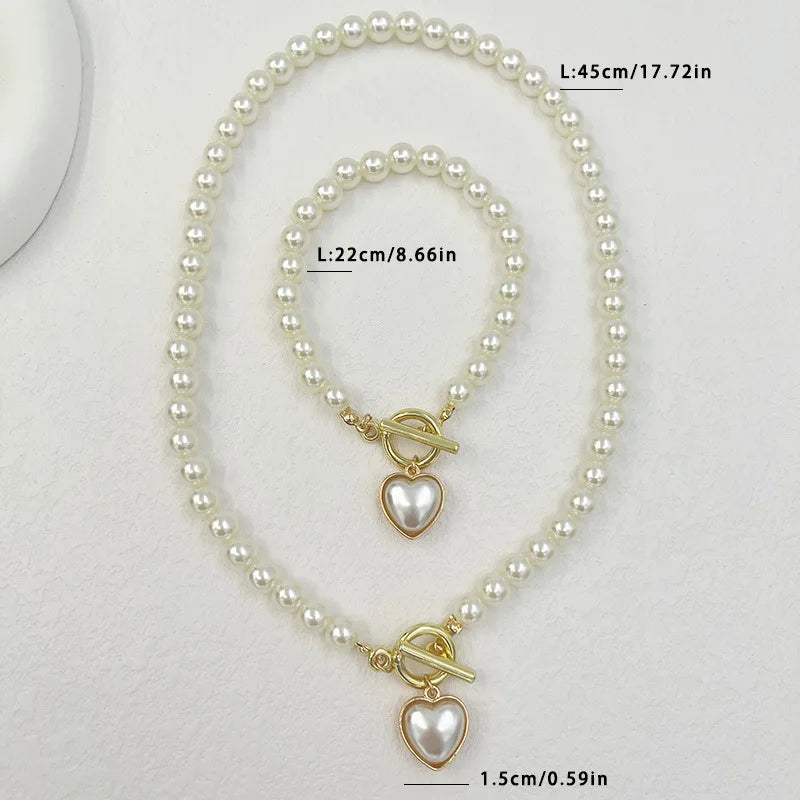 KMVEXO 2pcs Elegant Pearl Heart Pendant Necklaces Bracelet Set
