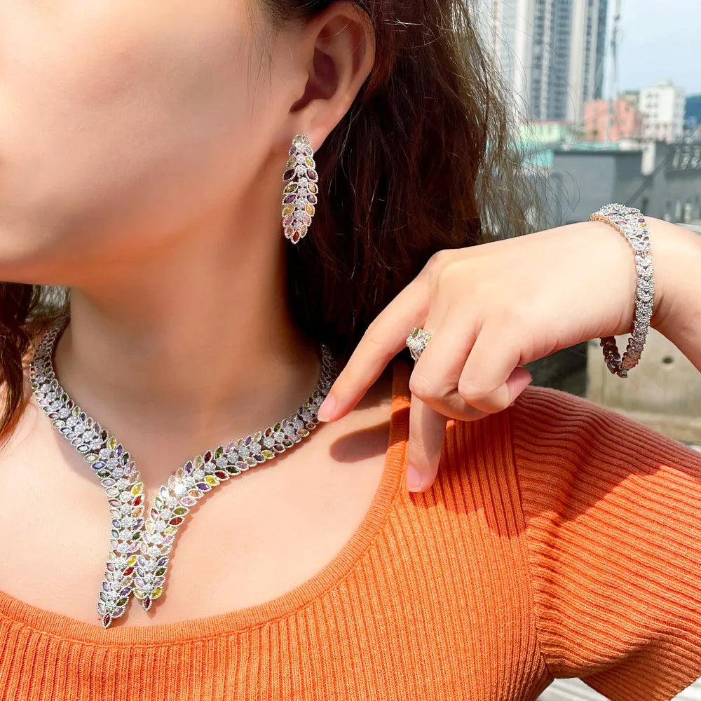 High End Gorgeous Colorful Cubic Shape Big Wedding Necklace