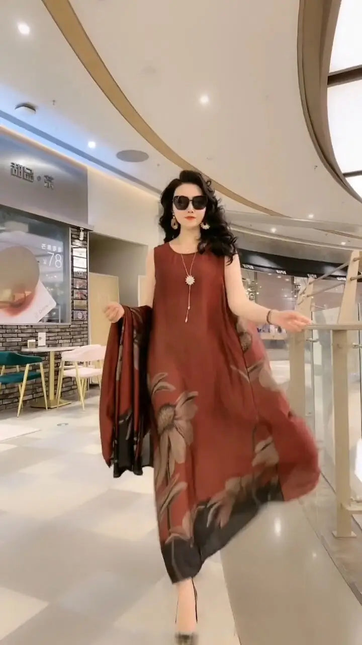 Silk Dress Two-Piece Women's Elegant Floral Plus Size Dress