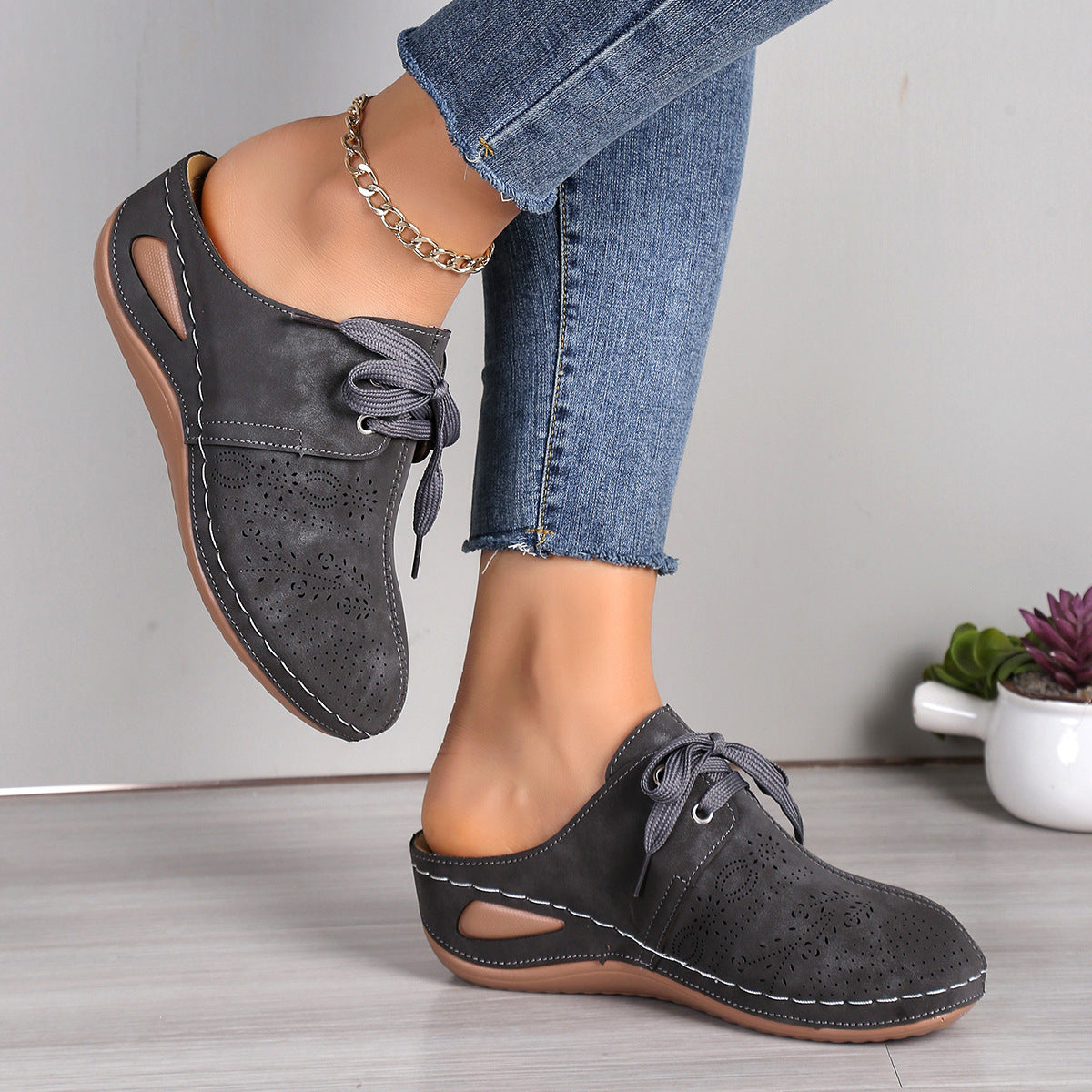 Lace-up Slippers Outdoor Hollow Out Wedges Slippers