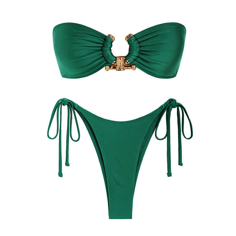 Women's Fashion Solid Color Split Tube Top Swimsuit
