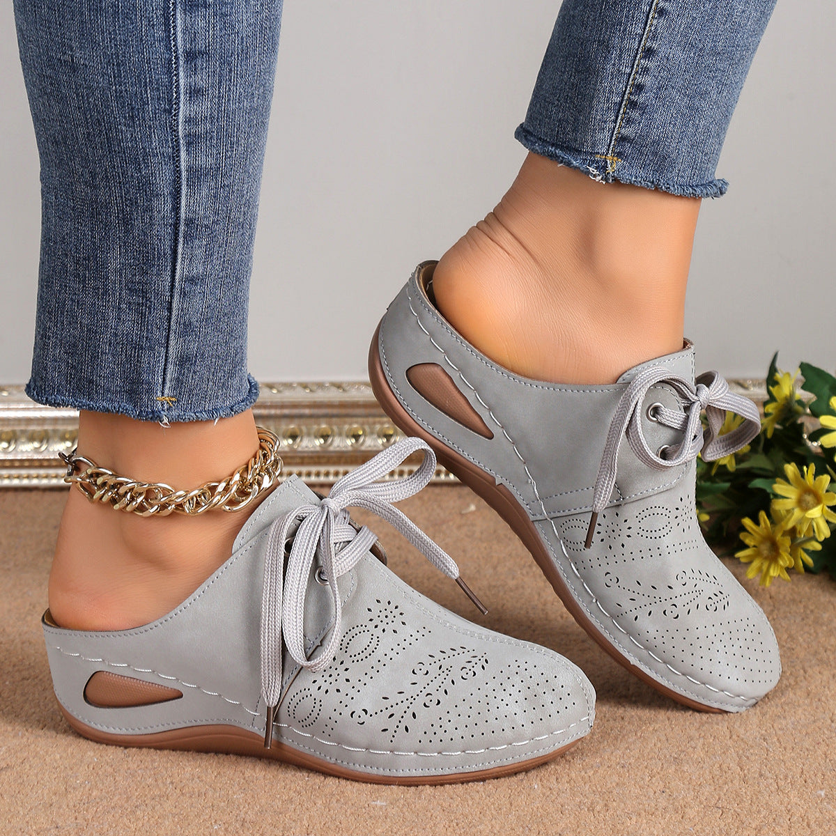 Lace-up Slippers Outdoor Hollow Out Wedges Slippers